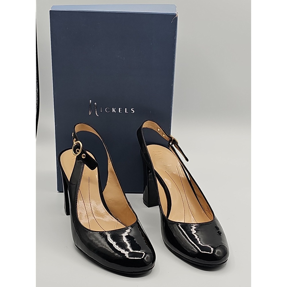 Nickels Black Patent Slingback Block Heel Pumps Buckle Women's 8.5 M NWOT